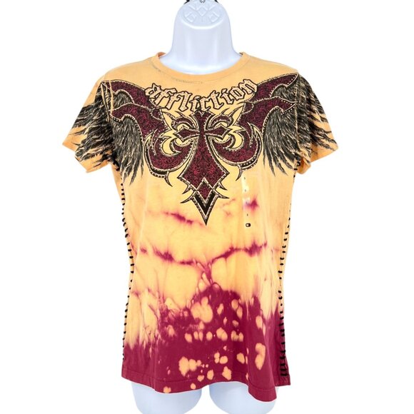Affliction Cast Iron S/S Tee Tie-Dye Short Sleeve Top Yellow Size Small NWT - Picture 1 of 10